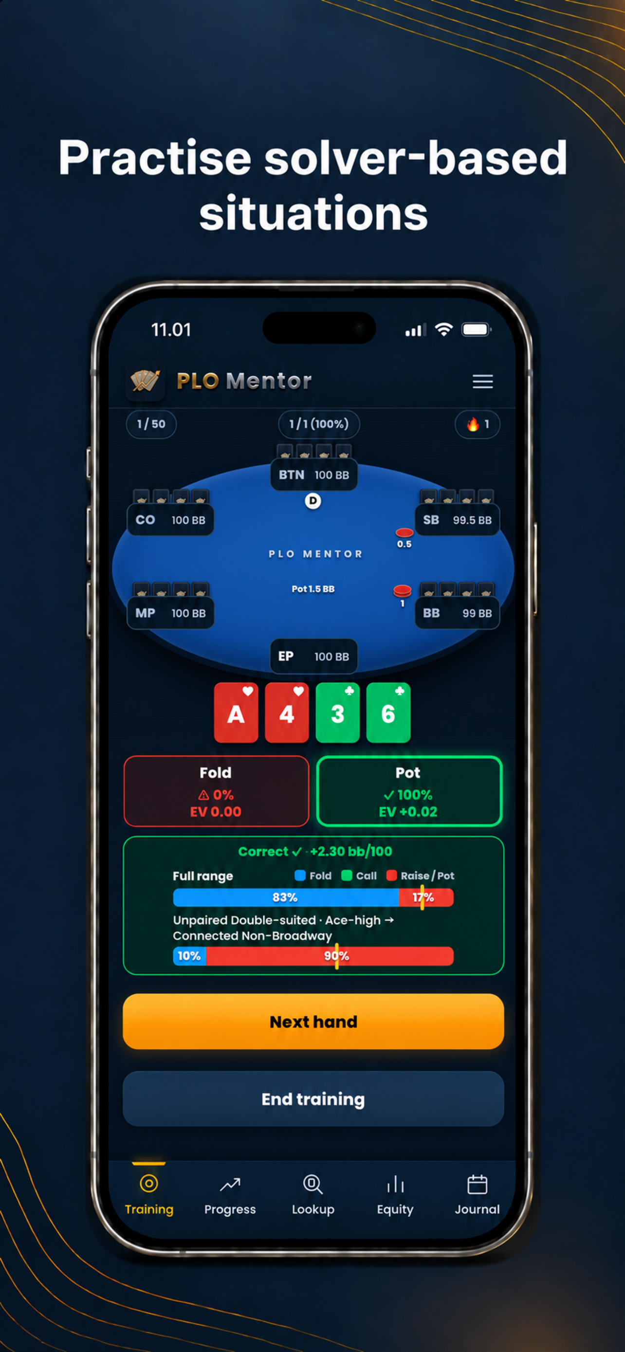 PLO Mentor training screen showing solver feedback