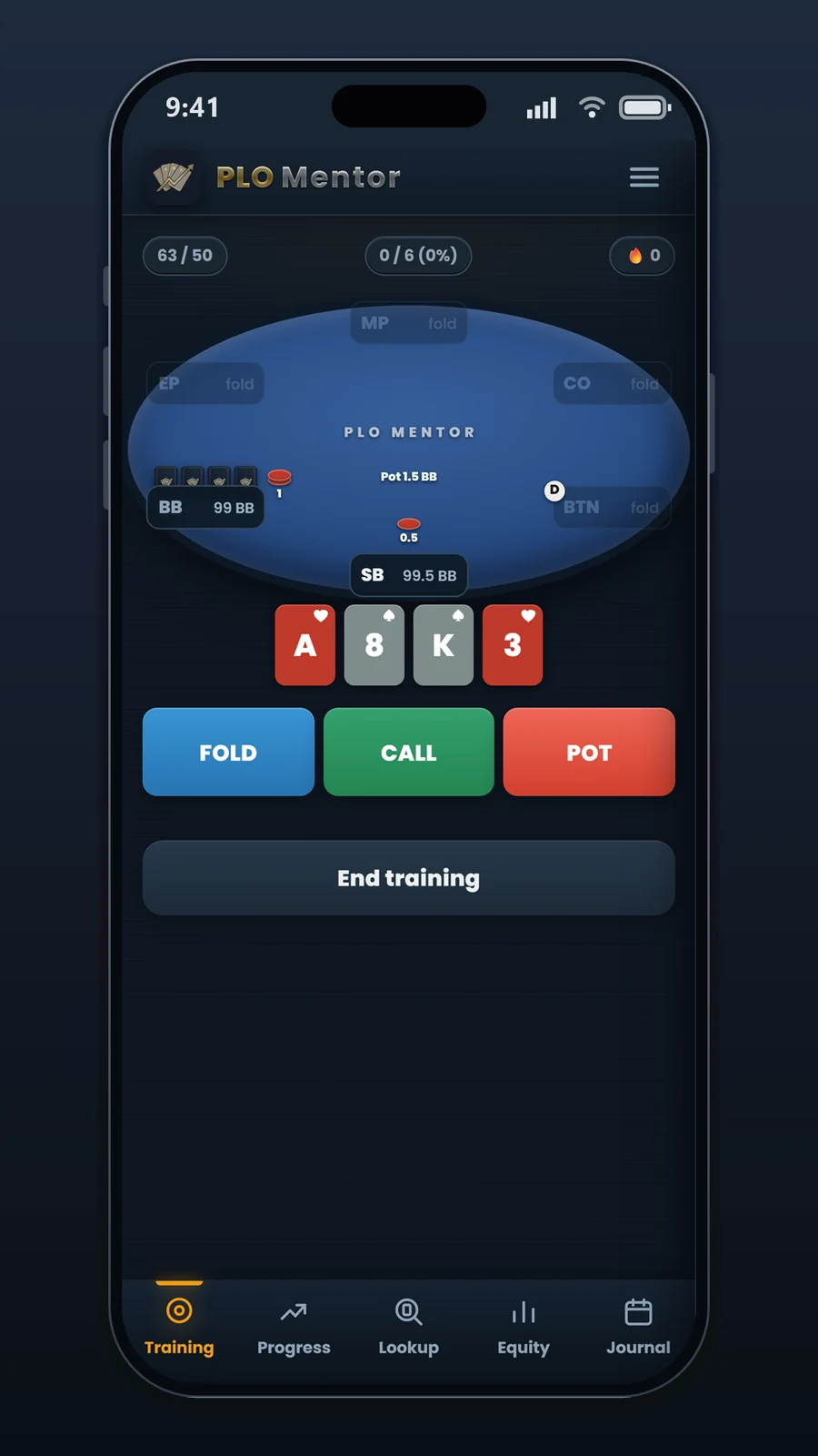 PLO preflop training in mobile with Fold Call and Pot decisions