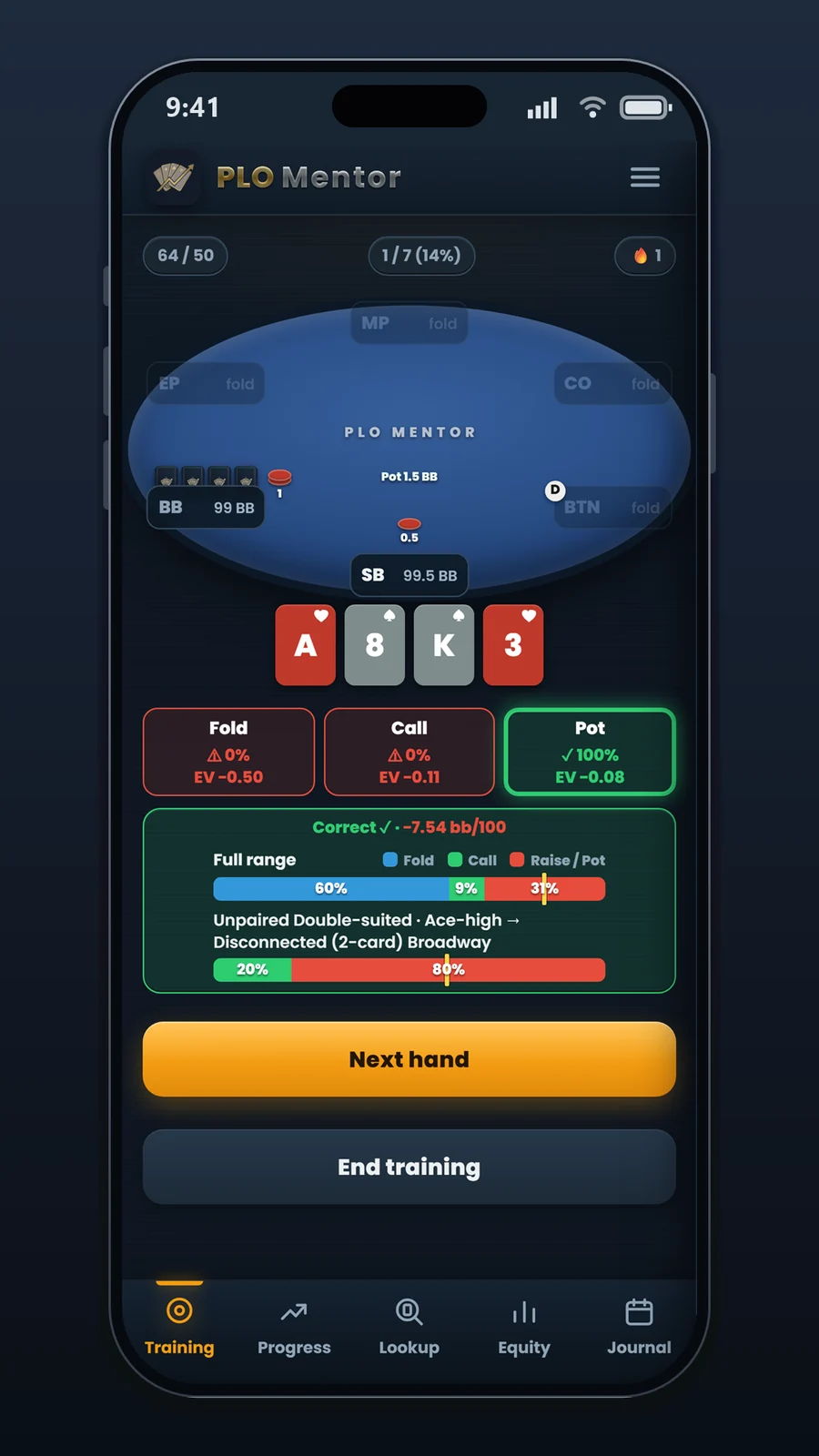 Solver-based PLO Training in PLO Mentor with instant frequency and EV feedback