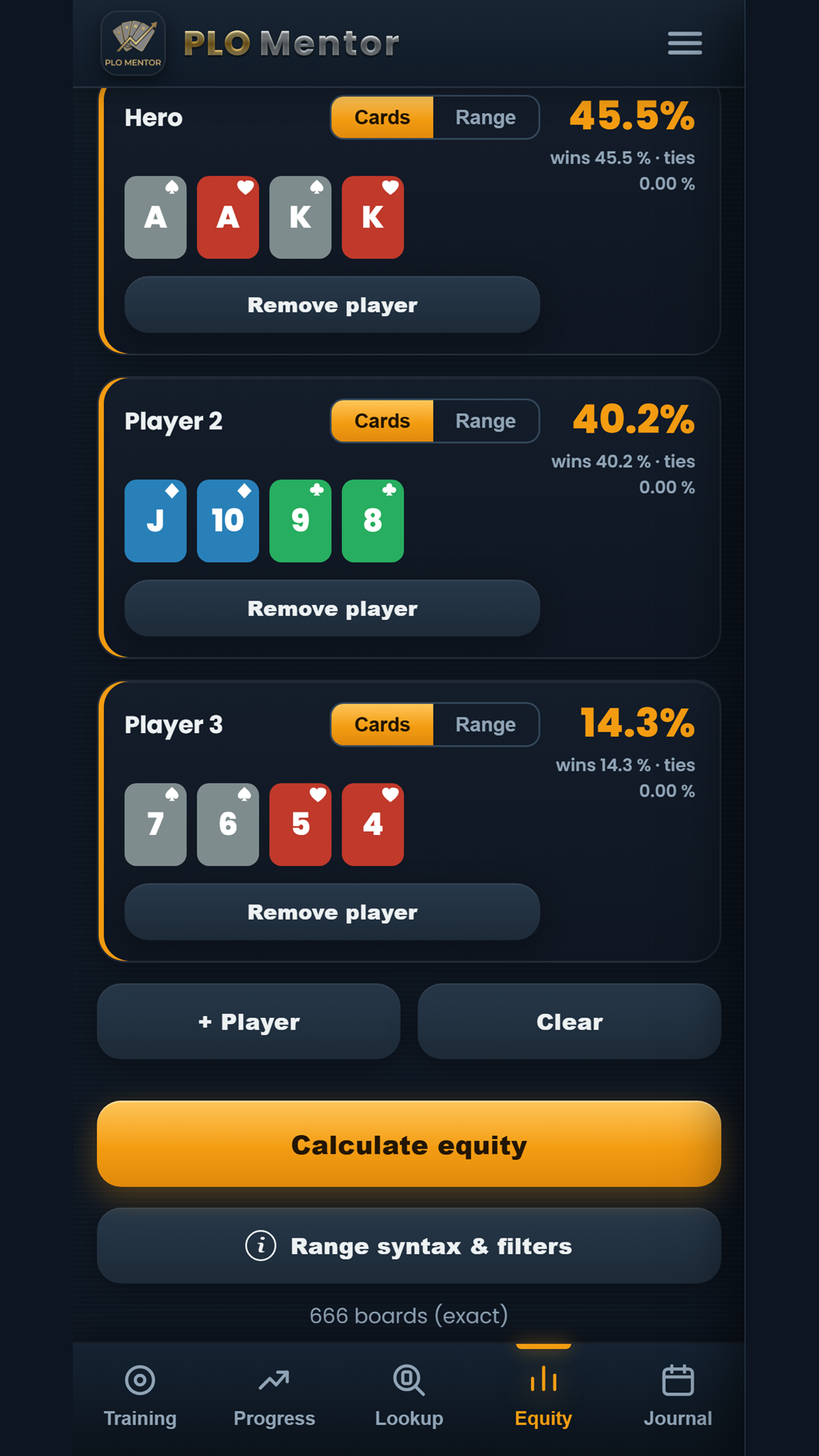 PLO Mentor equity calculator comparing three exact four-card Omaha hands