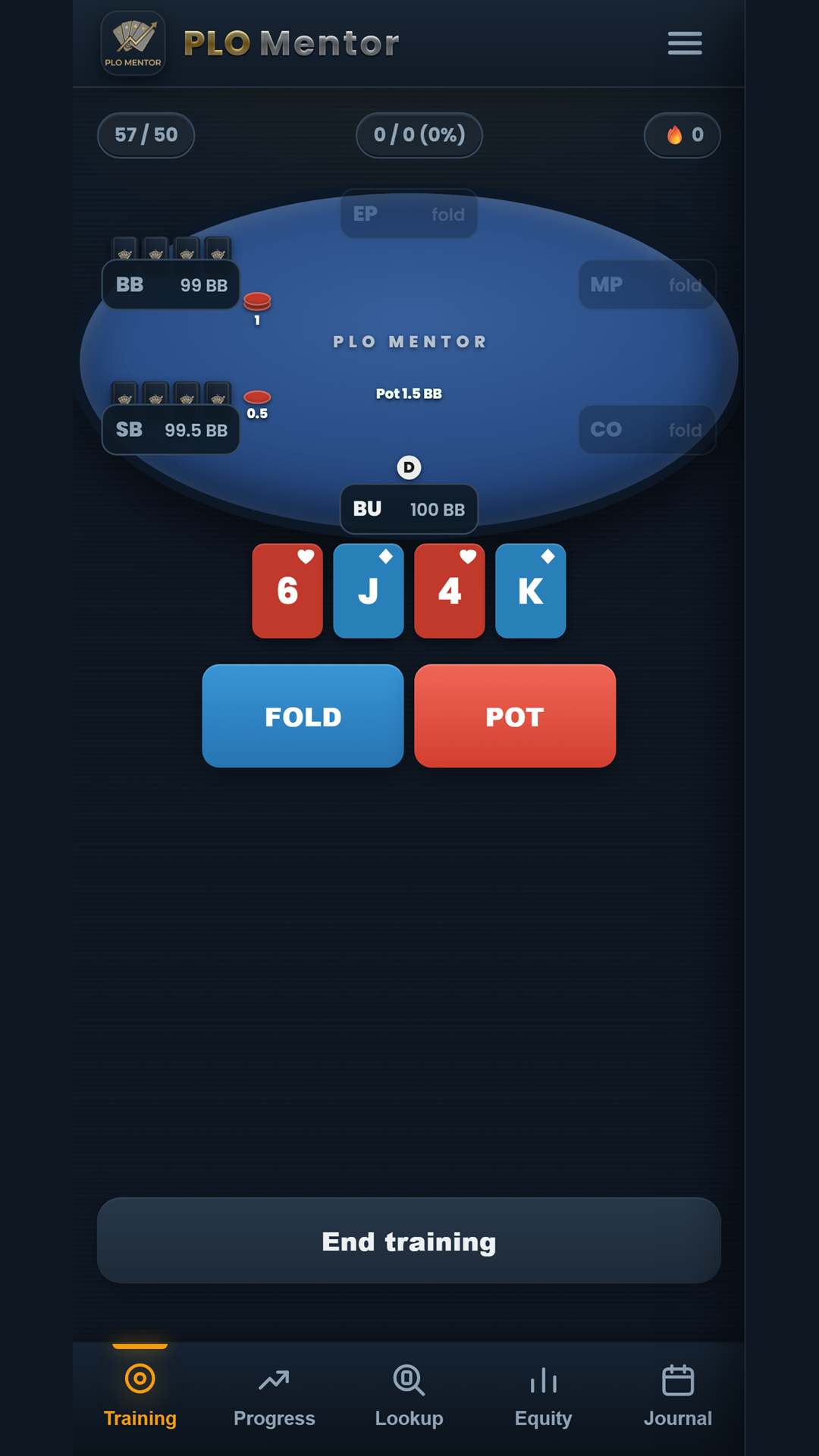 PLO preflop trainer with a realistic six-max table and a fold-or-pot decision