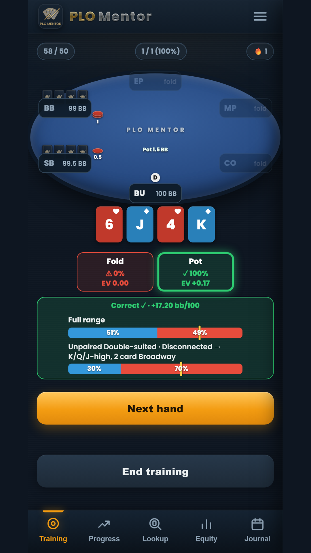 PLO Mentor PLO training screen with solver frequencies and immediate EV feedback